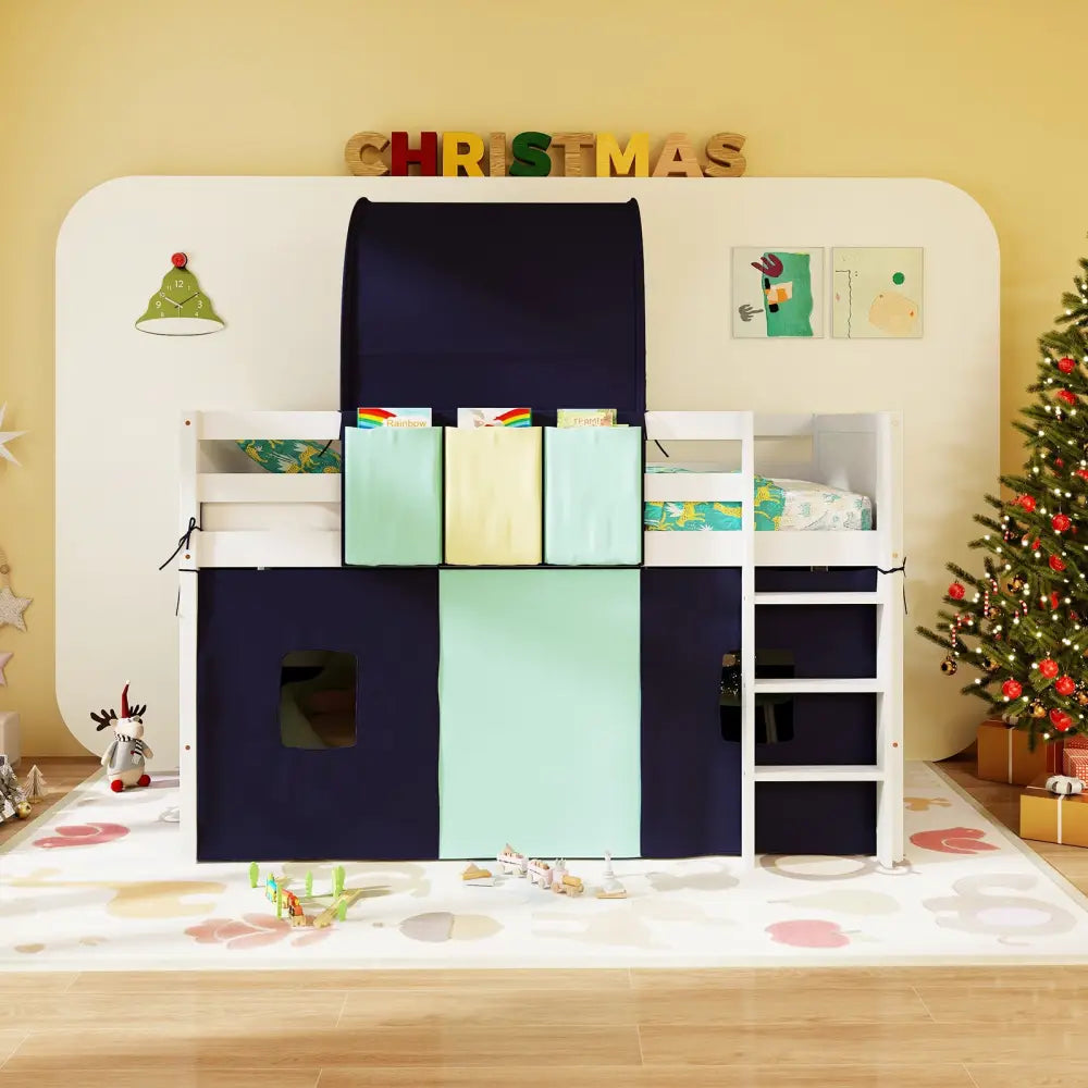 Twin Size Loft Bed Playhouse Bed Frame with Tower Tent and 3 Storage Pockets-Navy - Navy - Toddler Beds