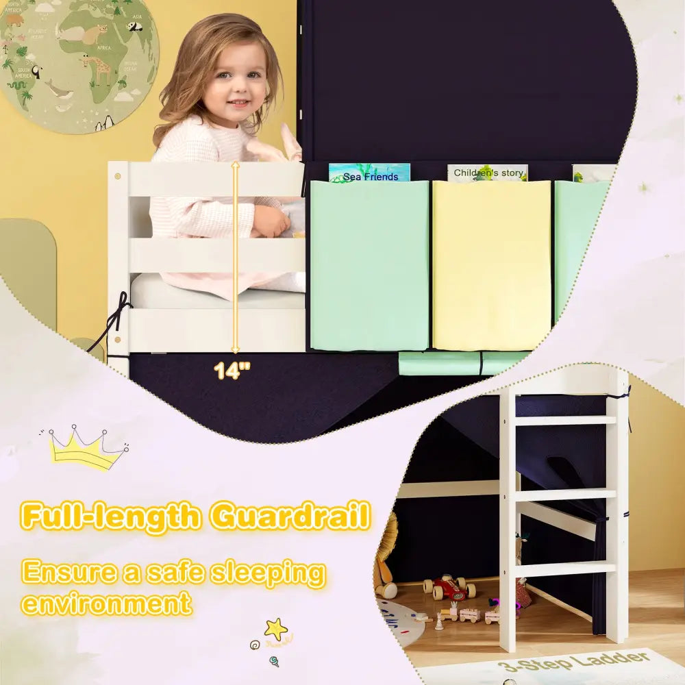 Twin Size Loft Bed Playhouse Bed Frame with Tower Tent and 3 Storage Pockets-Navy - Navy - Toddler Beds