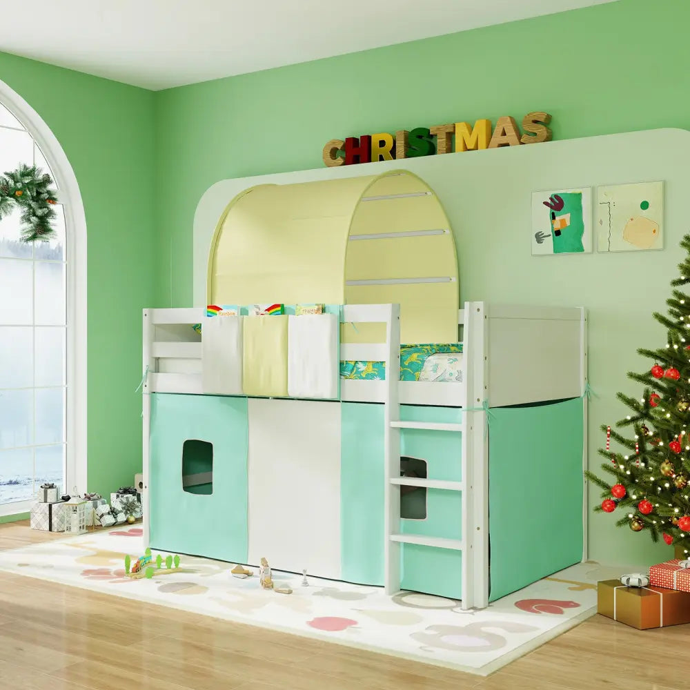 Twin Size Loft Bed Playhouse Bed Frame with Tower Tent and 3 Storage Pockets-Turquoise - Turquoise - Toddler Beds