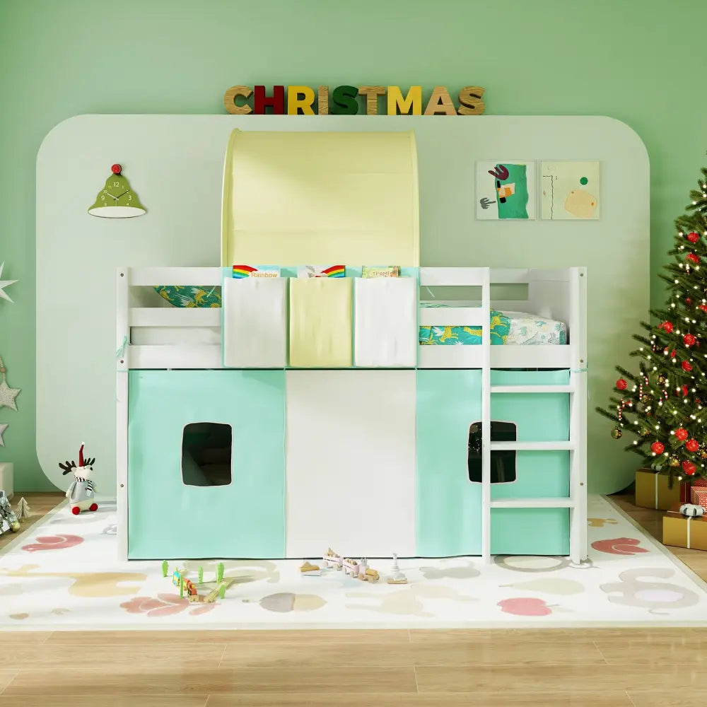 Twin Size Loft Bed Playhouse Bed Frame with Tower Tent and 3 Storage Pockets-Turquoise - Turquoise - Toddler Beds