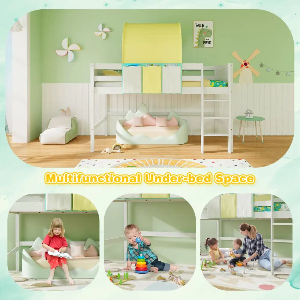 Twin Size Loft Bed Playhouse Bed Frame with Tower Tent and 3 Storage Pockets-Turquoise - Turquoise - Toddler Beds