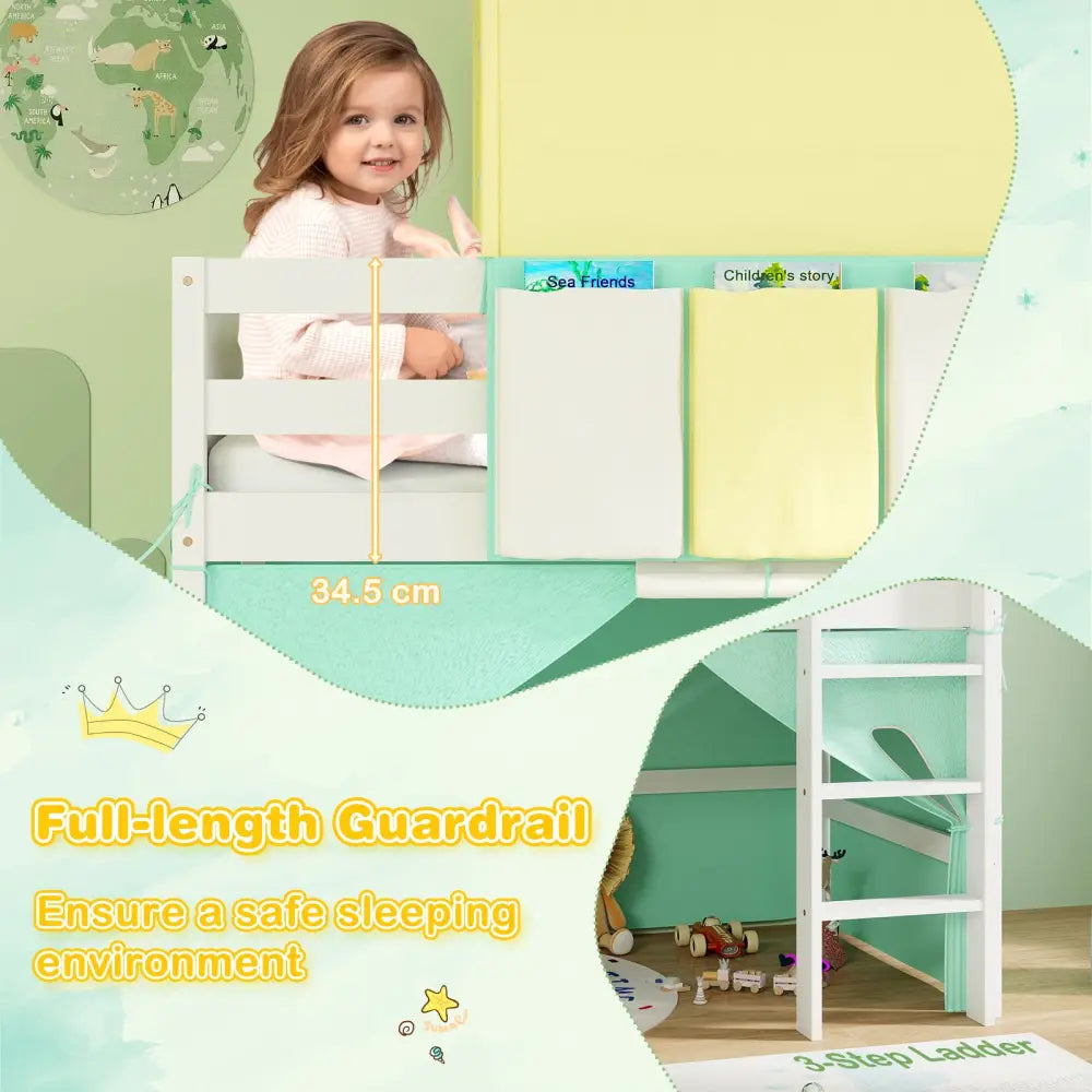 Twin Size Loft Bed Playhouse Bed Frame with Tower Tent and 3 Storage Pockets-Turquoise - Turquoise - Toddler Beds