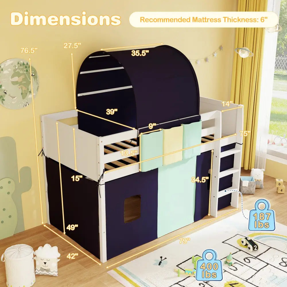 Twin Size Loft Bed Playhouse Bed Frame with Tower Tent and 3 Storage Pockets-Navy - Navy - Toddler Beds