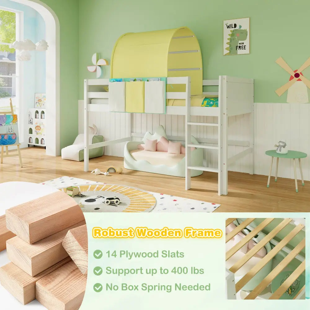 Twin Size Loft Bed Playhouse Bed Frame with Tower Tent and 3 Storage Pockets-Turquoise - Turquoise - Toddler Beds