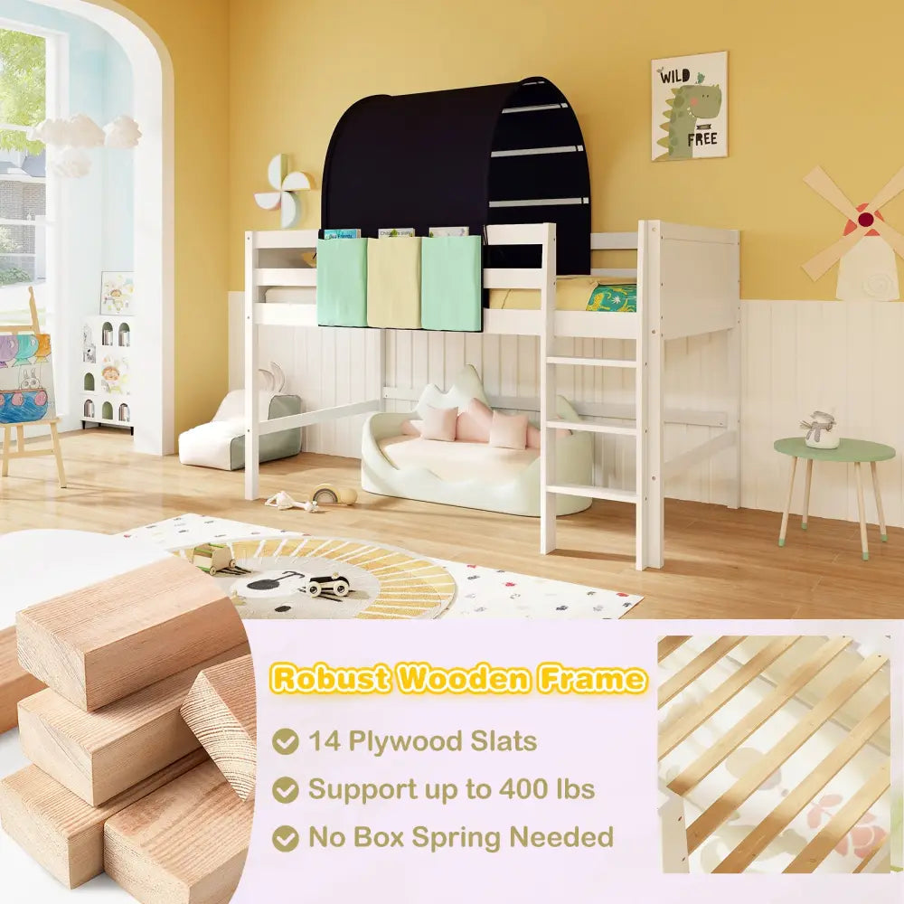 Twin Size Loft Bed Playhouse Bed Frame with Tower Tent and 3 Storage Pockets-Navy - Navy - Toddler Beds
