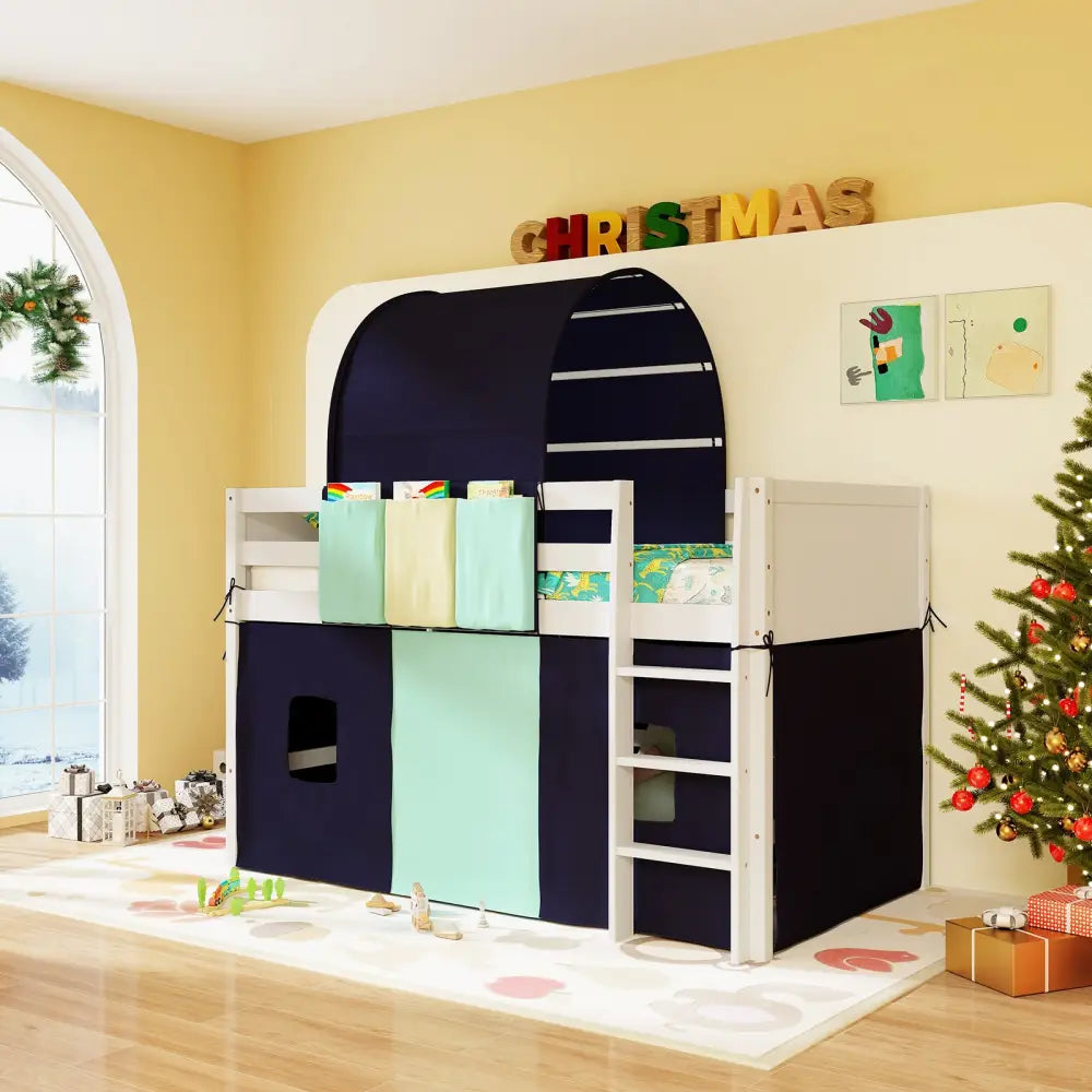 Twin Size Loft Bed Playhouse Bed Frame with Tower Tent and 3 Storage Pockets-Navy - Navy - Toddler Beds