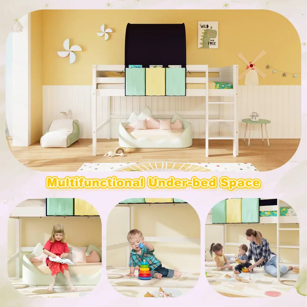 Twin Size Loft Bed Playhouse Bed Frame with Tower Tent and 3 Storage Pockets-Navy - Navy - Toddler Beds