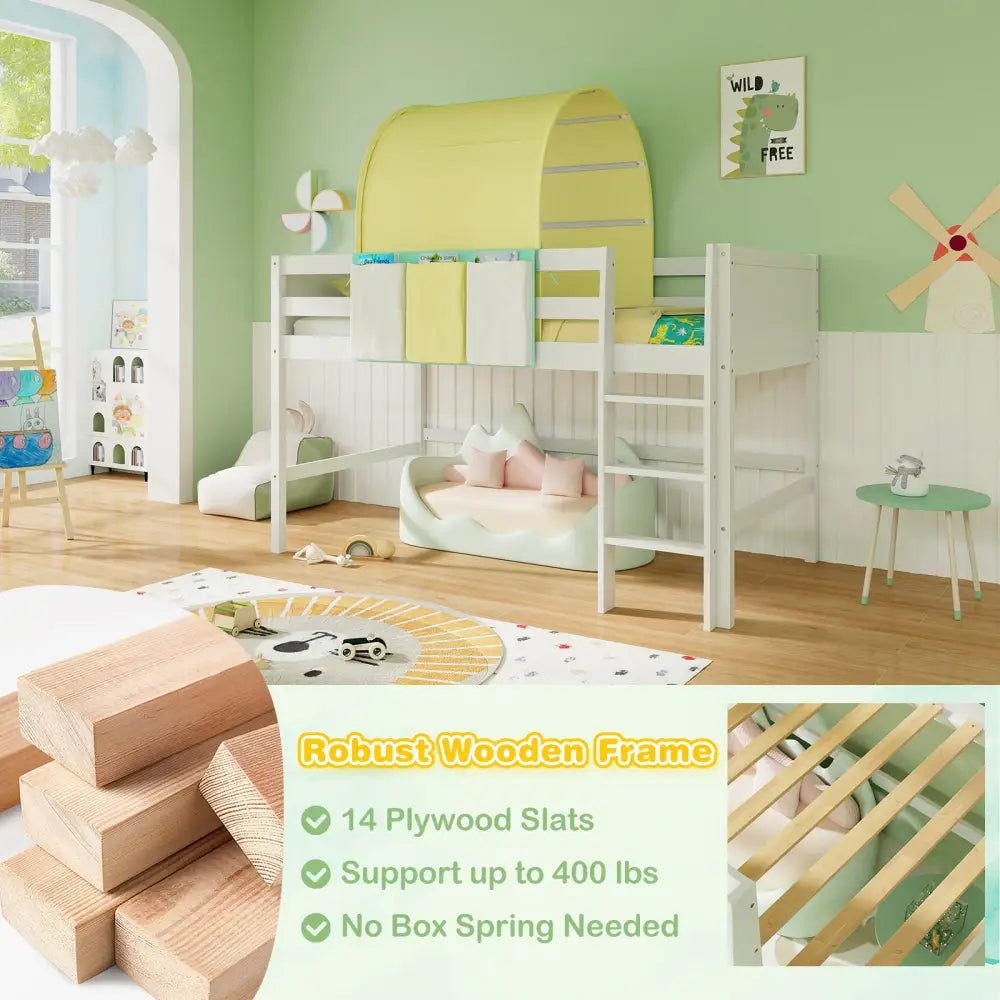 Twin Size Loft Bed Playhouse Bed Frame with Tower Tent and 3 Storage Pockets-Turquoise - Turquoise - Toddler Beds