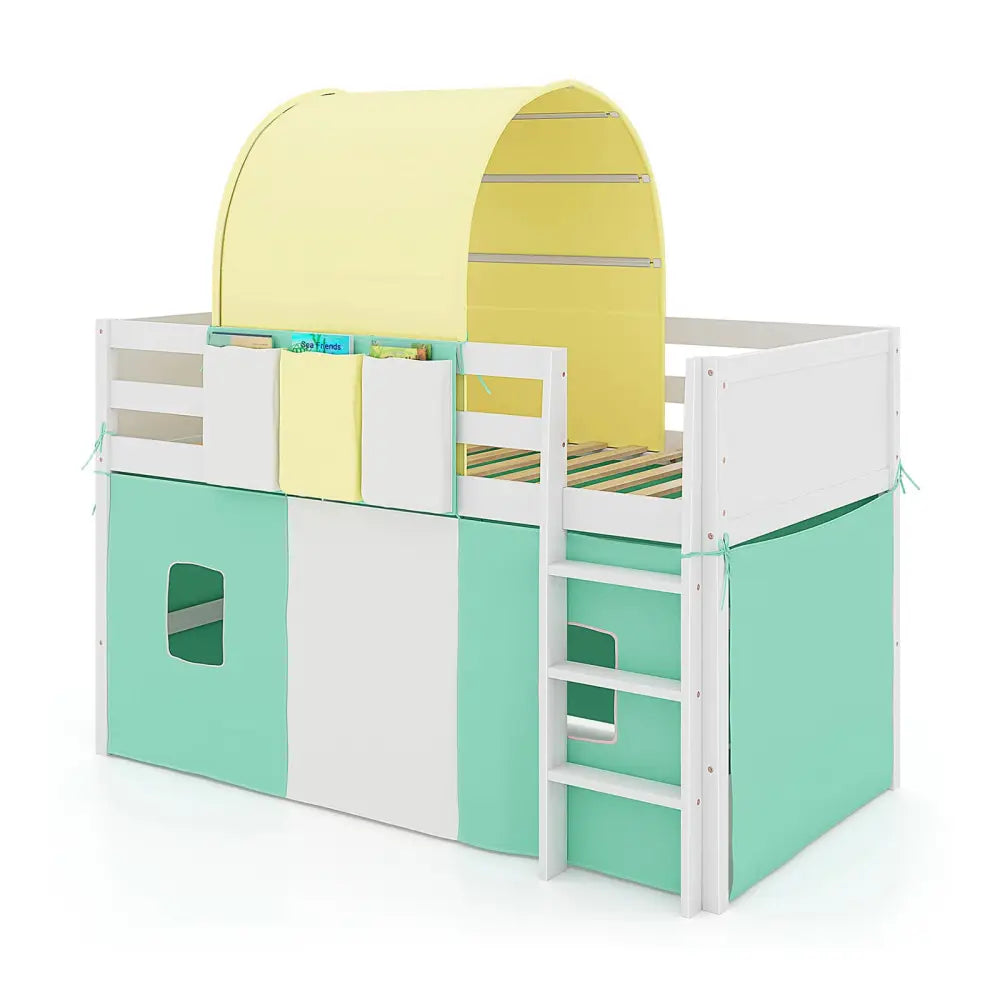 Twin Size Loft Bed Playhouse Bed Frame with Tower Tent and 3 Storage Pockets-Turquoise - Turquoise - Toddler Beds