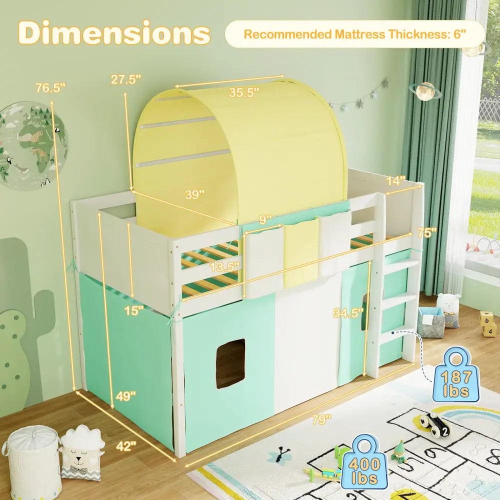 Twin Size Loft Bed Playhouse Bed Frame with Tower Tent and 3 Storage Pockets-Turquoise - Turquoise - Toddler Beds