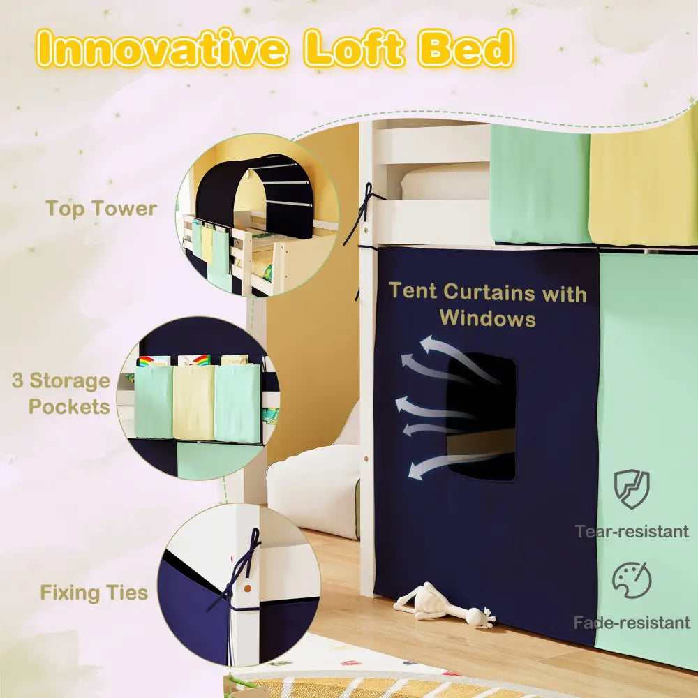 Twin Size Loft Bed Playhouse Bed Frame with Tower Tent and 3 Storage Pockets-Navy - Navy - Toddler Beds