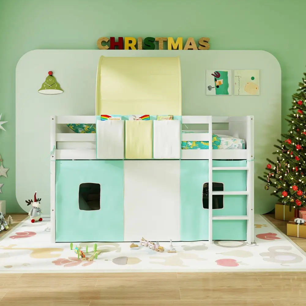 Twin Size Loft Bed Playhouse Bed Frame with Tower Tent and 3 Storage Pockets-Turquoise - Turquoise - Toddler Beds