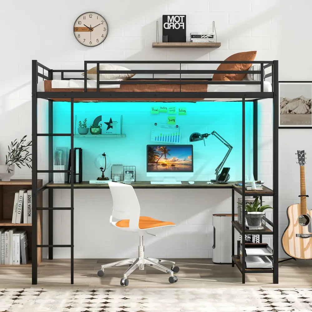 Twin Size Loft Bed Raised Platform Bed with Desk and 2 Storage Shelves-Black - Black - Bunk Bed Frame