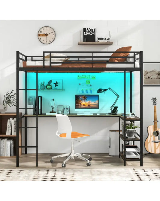 Twin Size Loft Bed Raised Platform Bed with Desk and 2 Storage Shelves-Black - Black - Bunk Bed Frame
