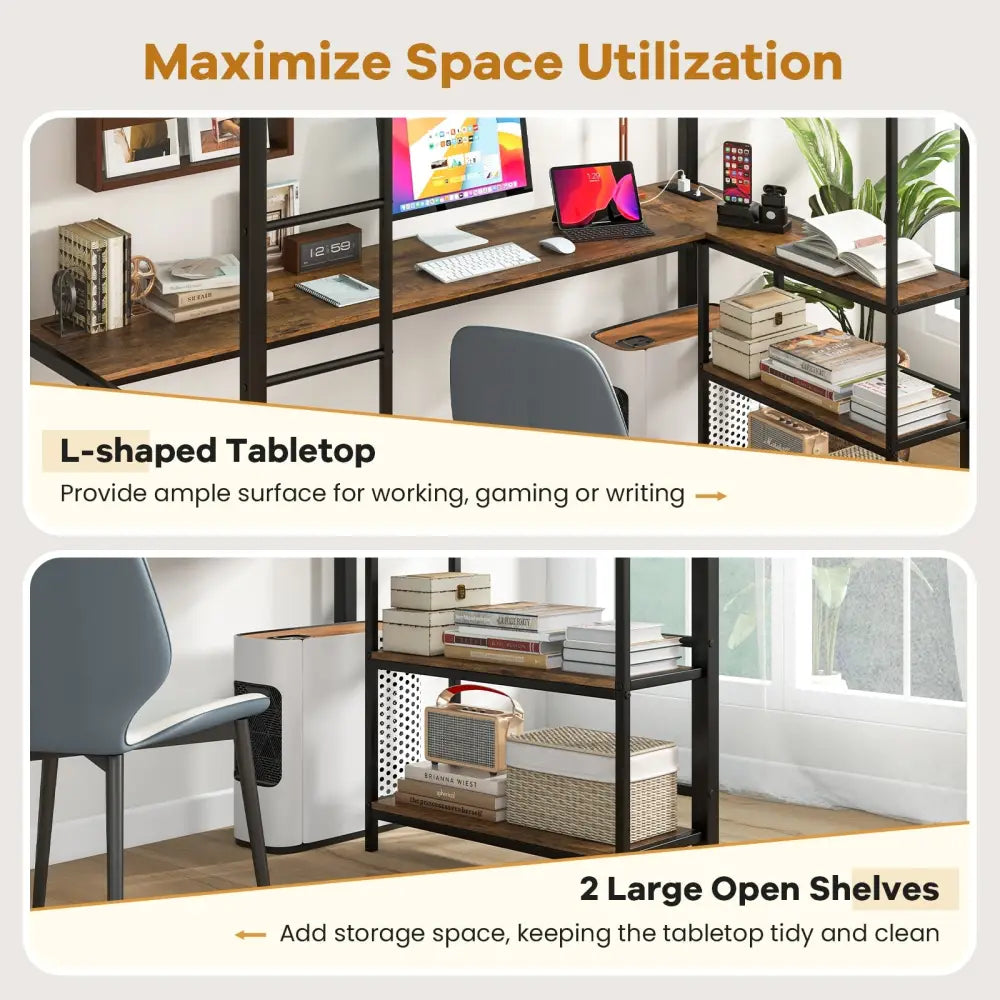 Twin Size Loft Bed Raised Platform Bed with Desk and 2 Storage Shelves-Black - Black - Bunk Bed Frame