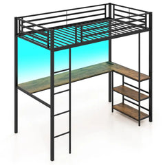 Twin Size Loft Bed Raised Platform Bed with Desk and 2 Storage Shelves-Black - Black - Bunk Bed Frame