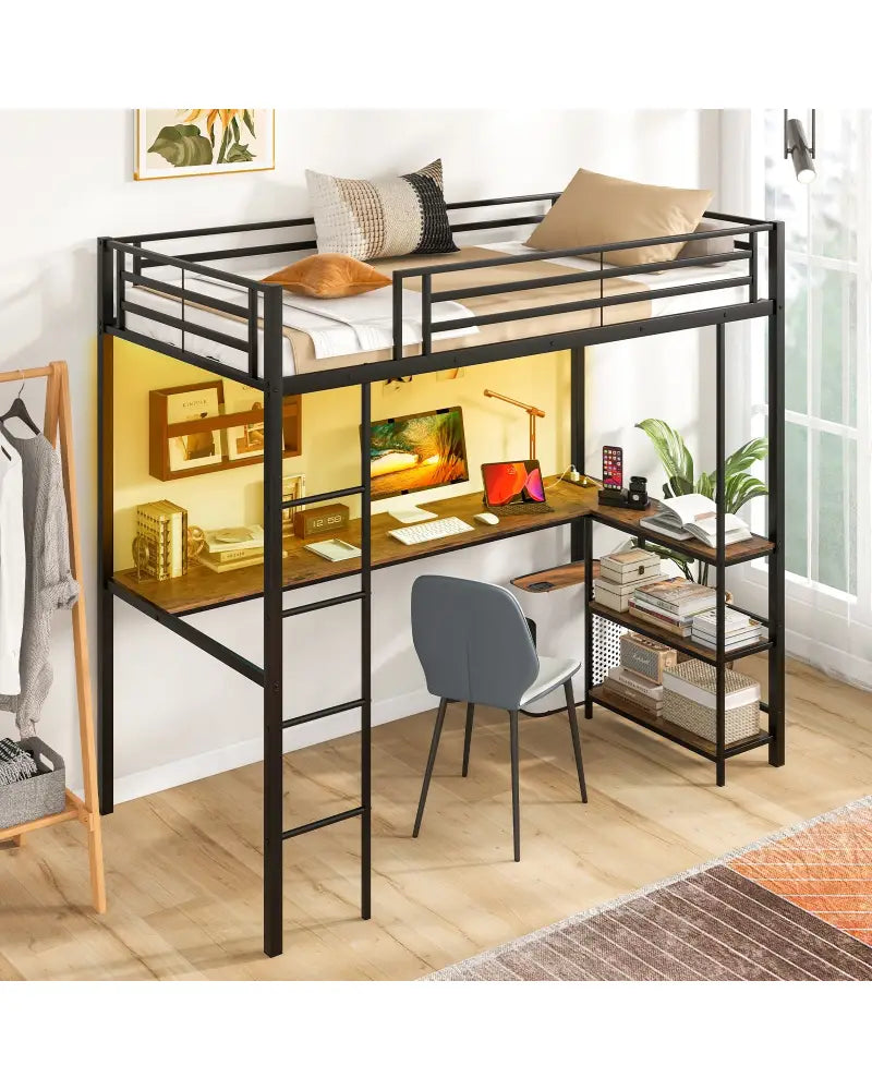 Twin Size Loft Bed Raised Platform Bed with Desk and 2 Storage Shelves-Black - Black - Bunk Bed Frame