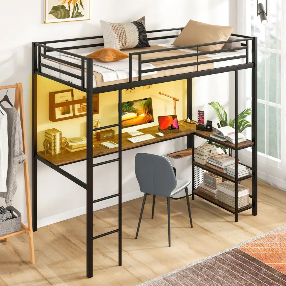 Twin Size Loft Bed Raised Platform Bed with Desk and 2 Storage Shelves-Black - Black - Bunk Bed Frame