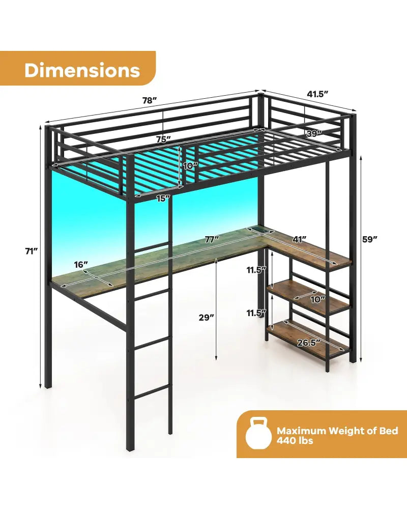 Twin Size Loft Bed Raised Platform Bed with Desk and 2 Storage Shelves-Black - Black - Bunk Bed Frame