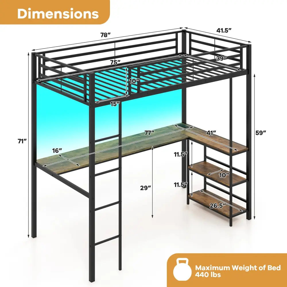 Twin Size Loft Bed Raised Platform Bed with Desk and 2 Storage Shelves-Black - Black - Bunk Bed Frame
