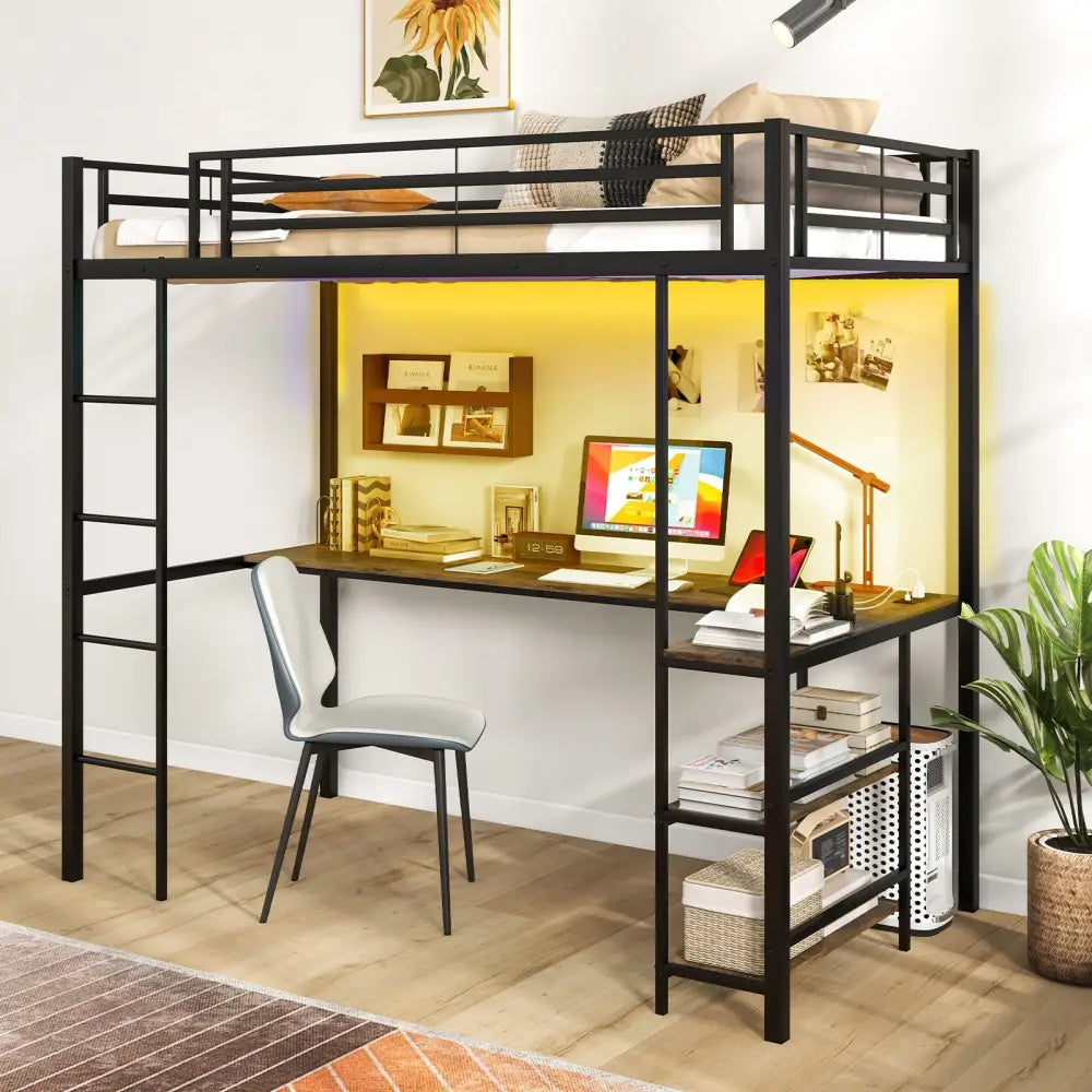 Twin Size Loft Bed Raised Platform Bed with Desk and 2 Storage Shelves-Black - Black - Bunk Bed Frame