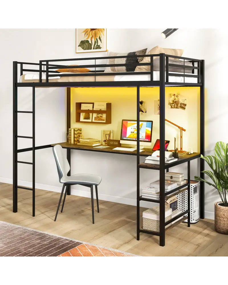 Twin Size Loft Bed Raised Platform Bed with Desk and 2 Storage Shelves-Black - Black - Bunk Bed Frame