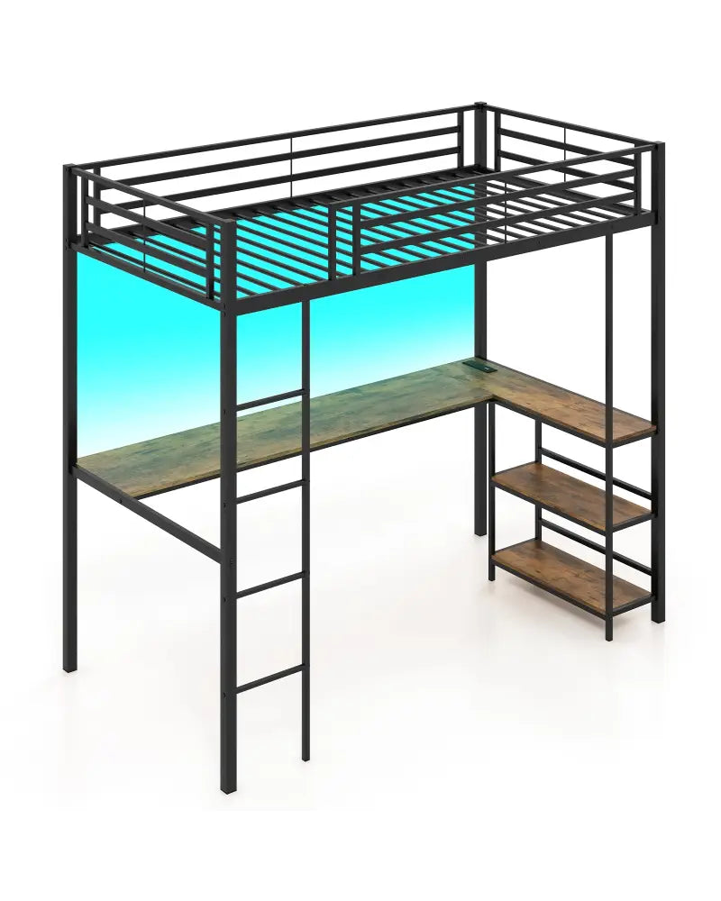 Twin Size Loft Bed Raised Platform Bed with Desk and 2 Storage Shelves-Black - Black - Bunk Bed Frame