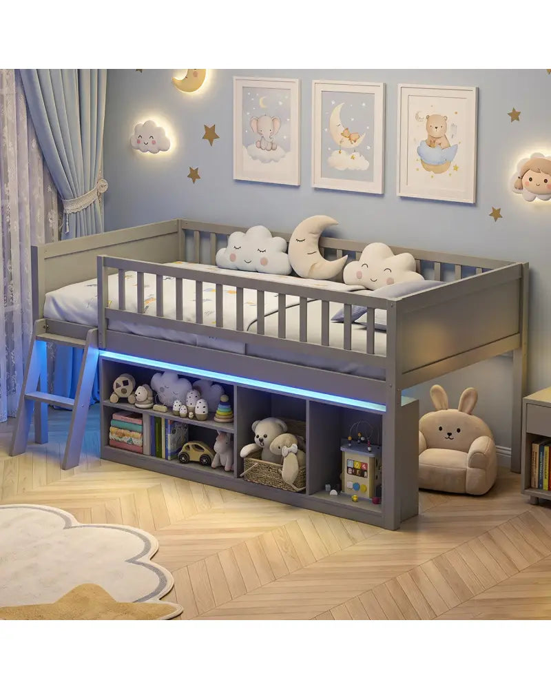 Twin Size Loft Bed with Adjustable LED Lights & Bookshelves and Guardrails for Kids-Gray - Gray - Toddler Beds