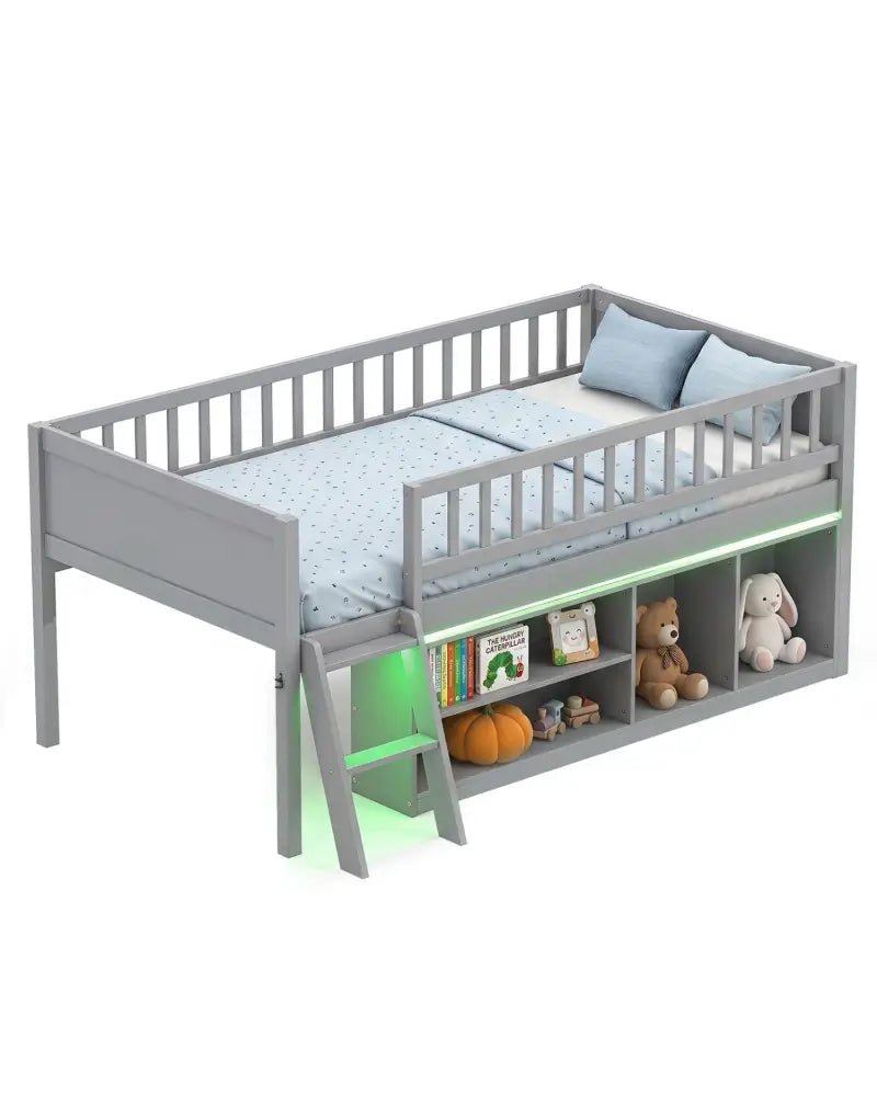 Twin Size Loft Bed with Adjustable LED Lights & Bookshelves and Guardrails for Kids-Gray - Gray - Toddler Beds
