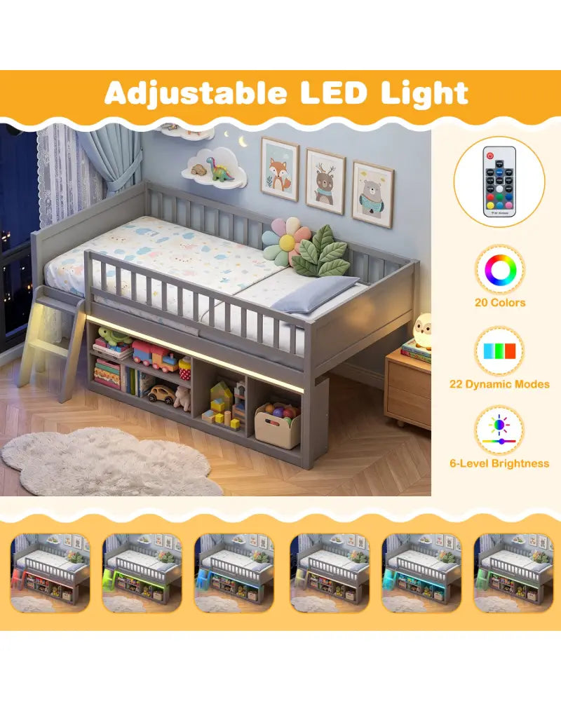 Twin Size Loft Bed with Adjustable LED Lights & Bookshelves and Guardrails for Kids-Gray - Gray - Toddler Beds