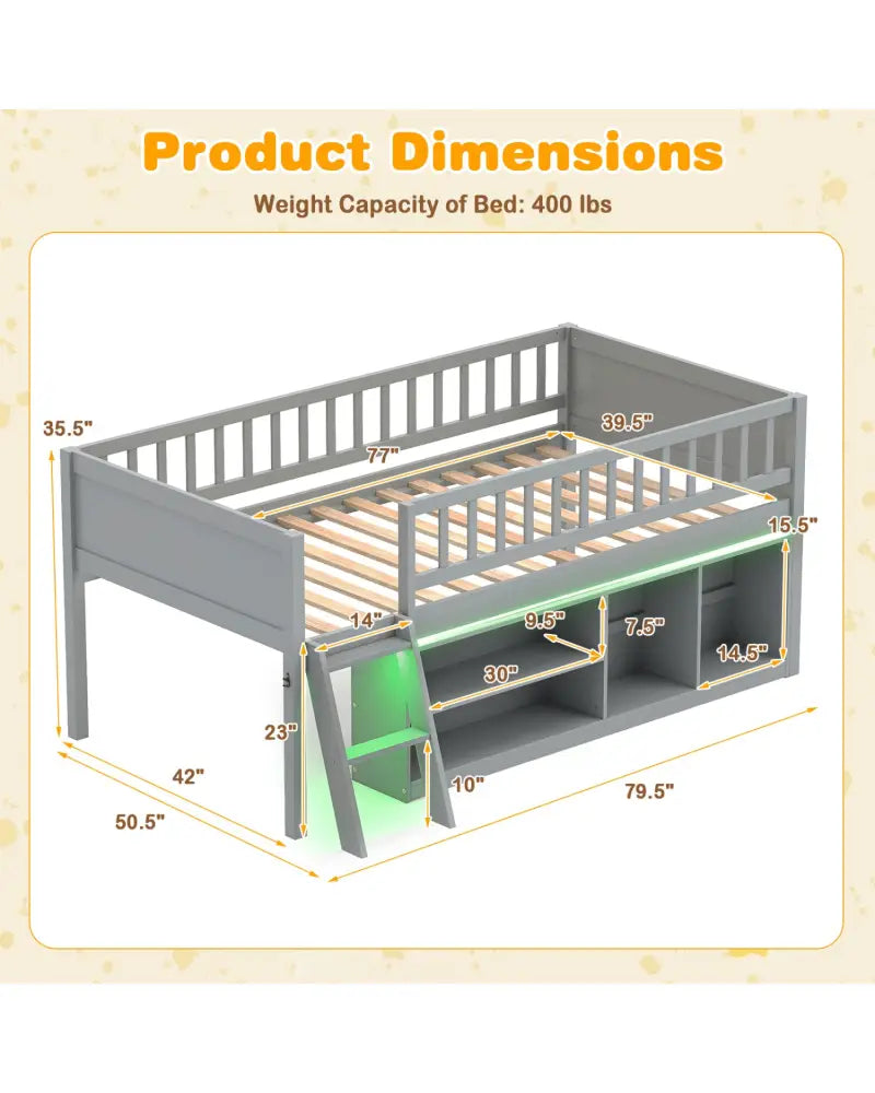 Twin Size Loft Bed with Adjustable LED Lights & Bookshelves and Guardrails for Kids-Gray - Gray - Toddler Beds