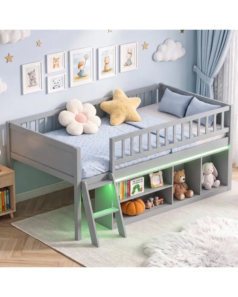 Twin Size Loft Bed with Adjustable LED Lights & Bookshelves and Guardrails for Kids-Gray - Gray - Toddler Beds