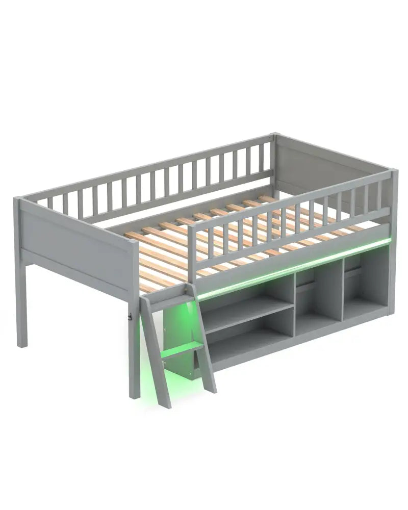 Twin Size Loft Bed with Adjustable LED Lights & Bookshelves and Guardrails for Kids-Gray - Gray - Toddler Beds