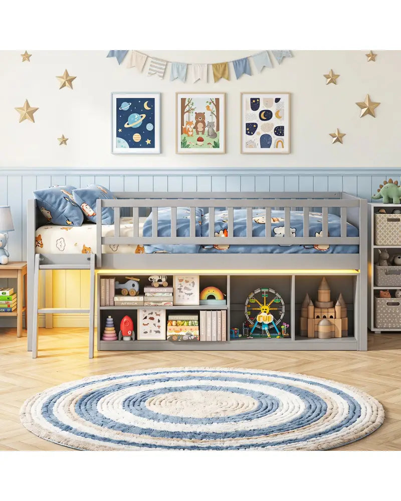 Twin Size Loft Bed with Adjustable LED Lights & Bookshelves and Guardrails for Kids-Gray - Gray - Toddler Beds