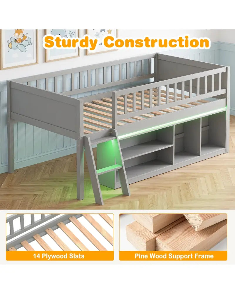 Twin Size Loft Bed with Adjustable LED Lights & Bookshelves and Guardrails for Kids-Gray - Gray - Toddler Beds