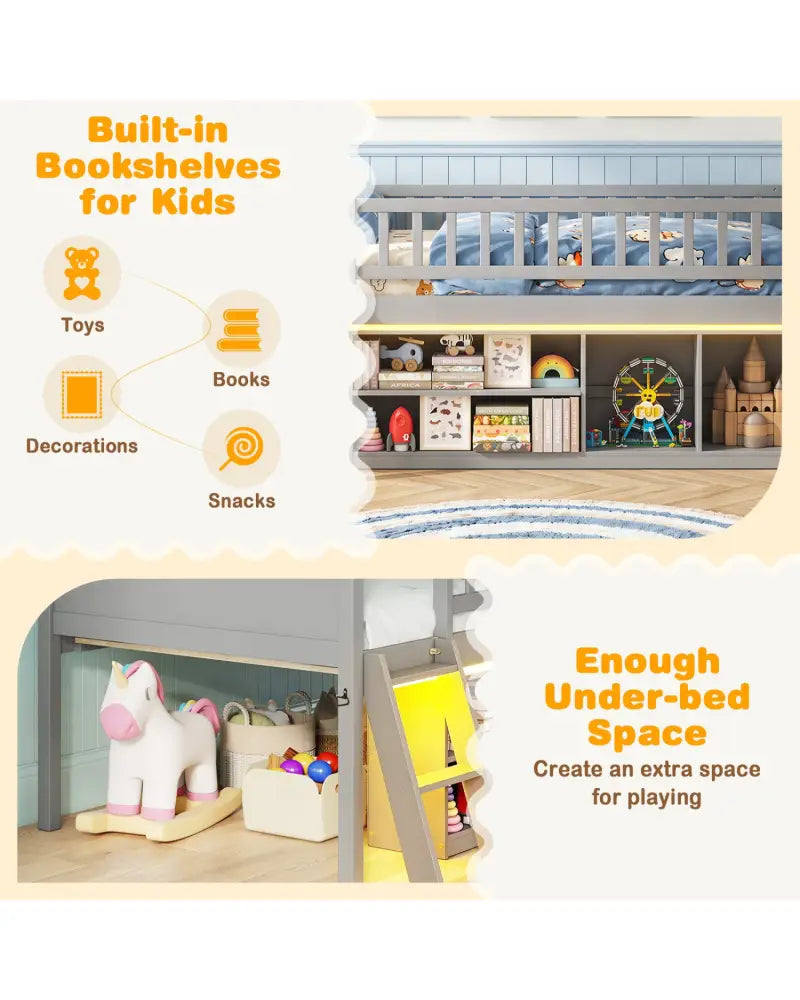 Twin Size Loft Bed with Adjustable LED Lights & Bookshelves and Guardrails for Kids-Gray - Gray - Toddler Beds