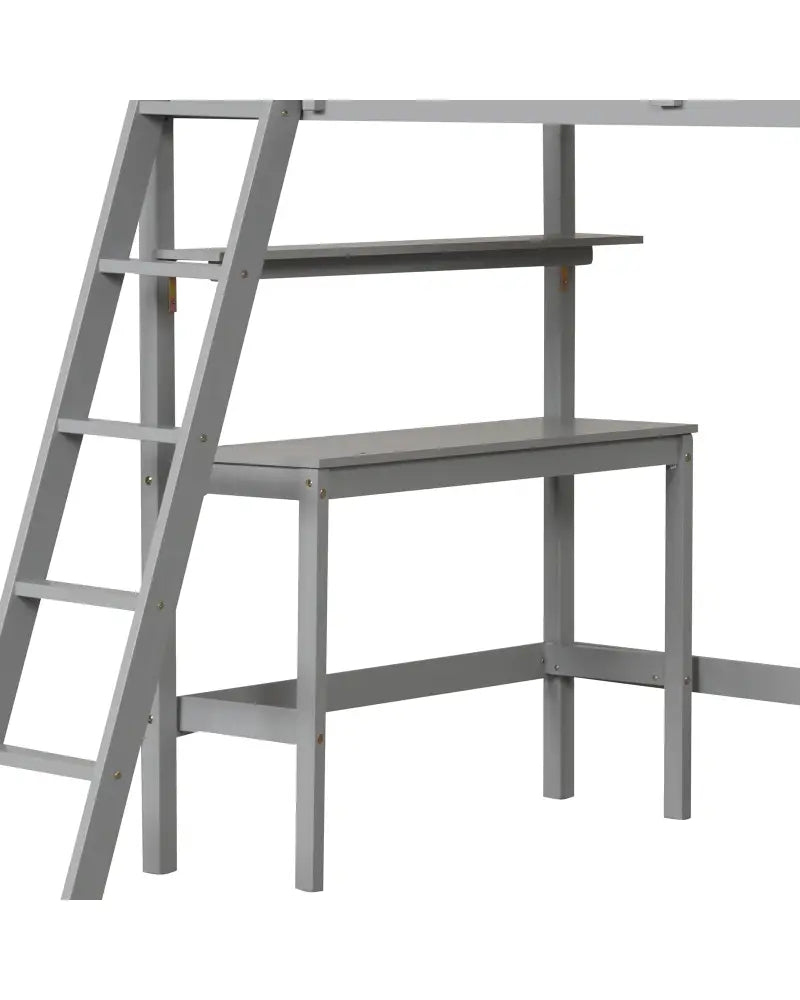 Twin Size Loft Bed with Desk and Bookshelves for Kids and Teens-Gray - Gray - Bunk Bed Frame