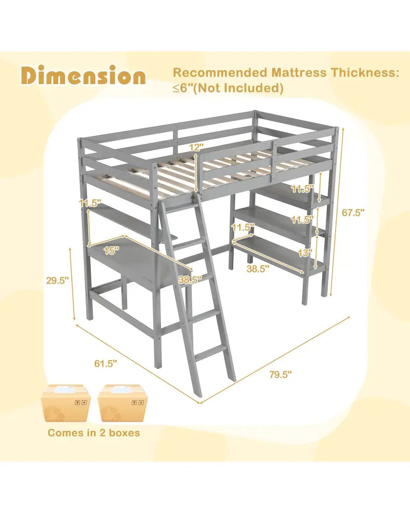 Twin Size Loft Bed with Desk and Bookshelves for Kids and Teens-Gray - Gray - Bunk Bed Frame