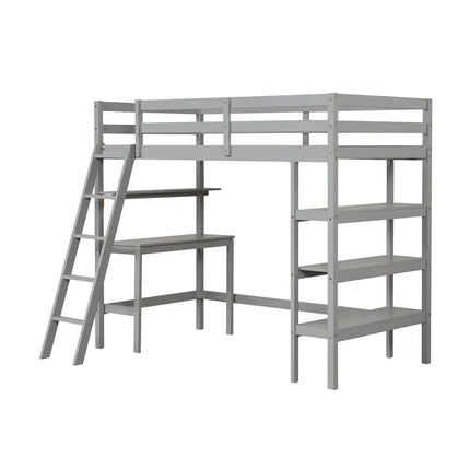 Twin Size Loft Bed with Desk and Bookshelves for Kids and Teens-Gray - Gray - Bunk Bed Frame