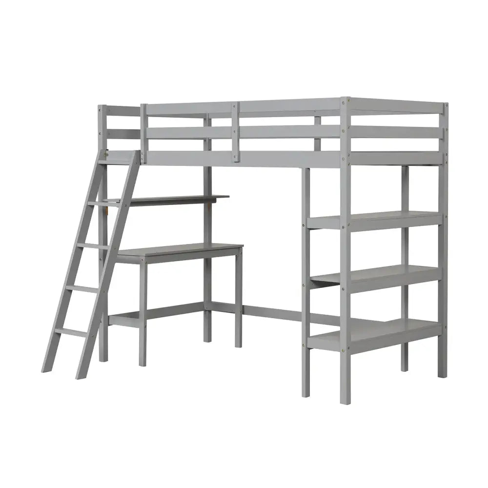 Twin Size Loft Bed with Desk and Bookshelves for Kids and Teens-Gray - Gray - Bunk Bed Frame
