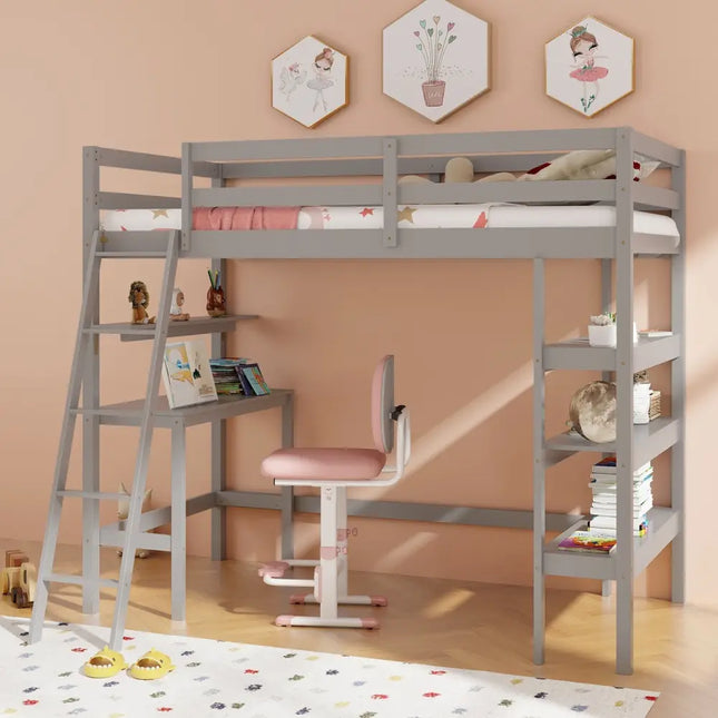 Twin Size Loft Bed with Desk and Bookshelves for Kids and Teens-Gray - Gray - Bunk Bed Frame