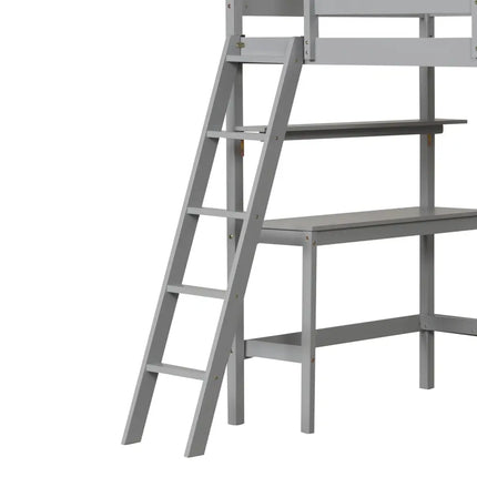 Twin Size Loft Bed with Desk and Bookshelves for Kids and Teens-Gray - Gray - Bunk Bed Frame