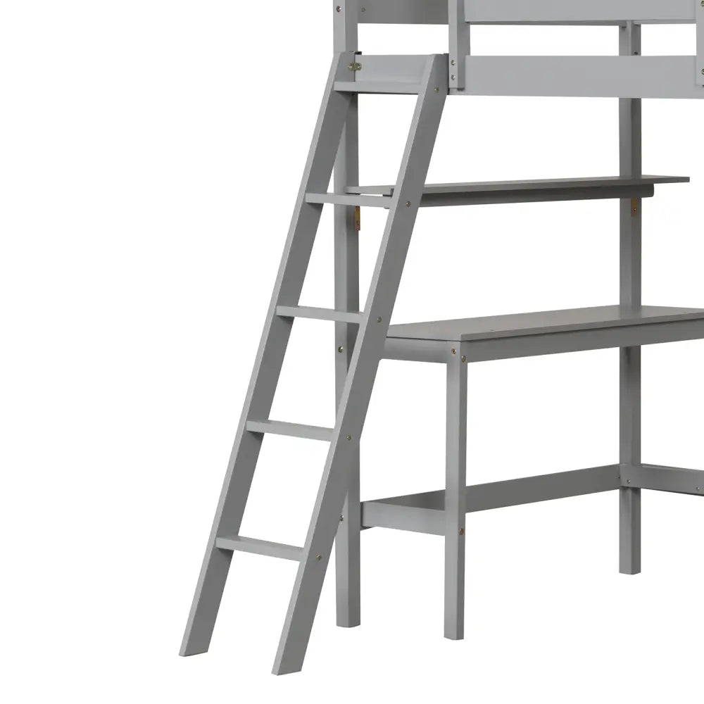Twin Size Loft Bed with Desk and Bookshelves for Kids and Teens-Gray - Gray - Bunk Bed Frame