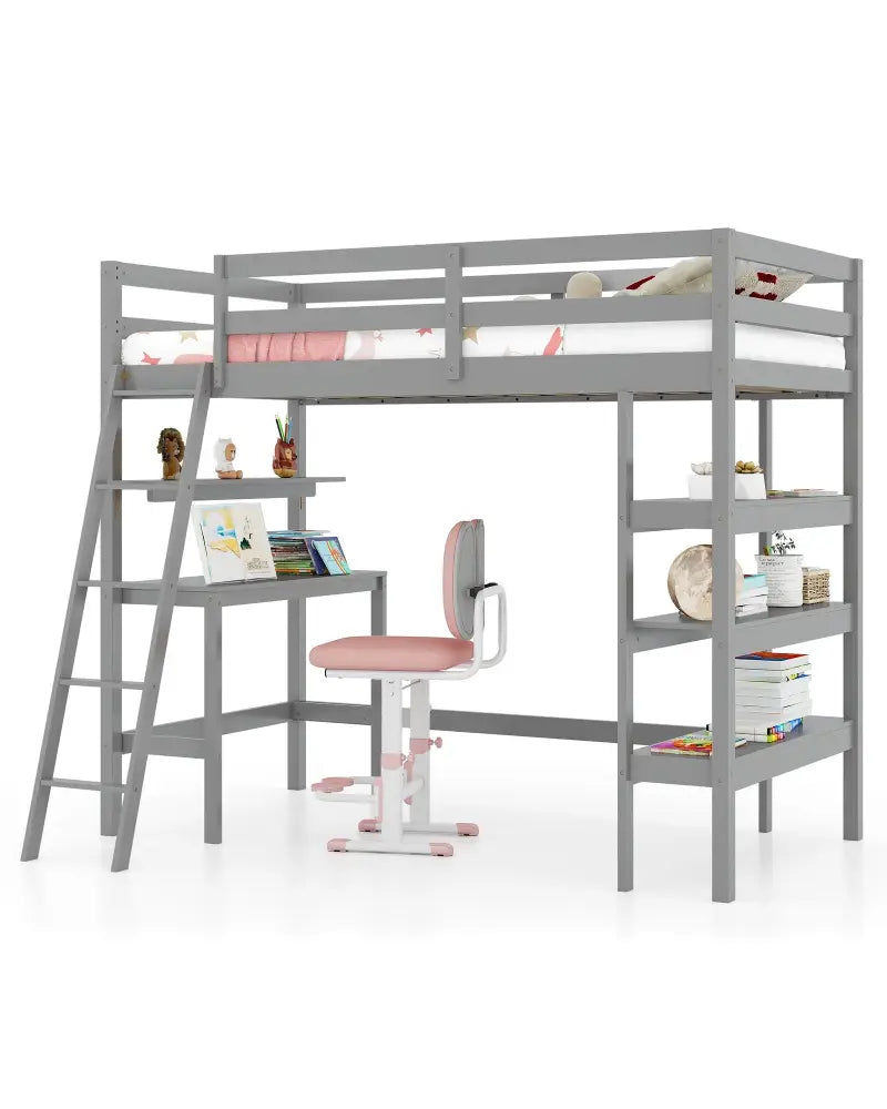 Twin Size Loft Bed with Desk and Bookshelves for Kids and Teens-Gray - Gray - Bunk Bed Frame