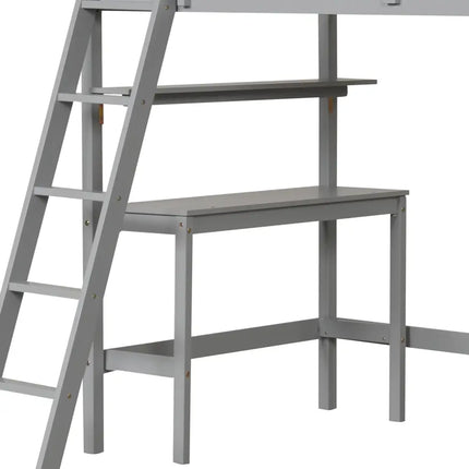 Twin Size Loft Bed with Desk and Bookshelves for Kids and Teens-Gray - Gray - Bunk Bed Frame