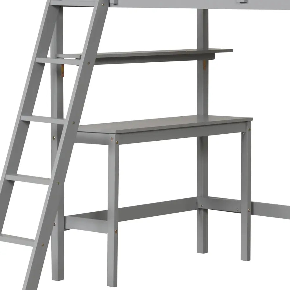 Twin Size Loft Bed with Desk and Bookshelves for Kids and Teens-Gray - Gray - Bunk Bed Frame