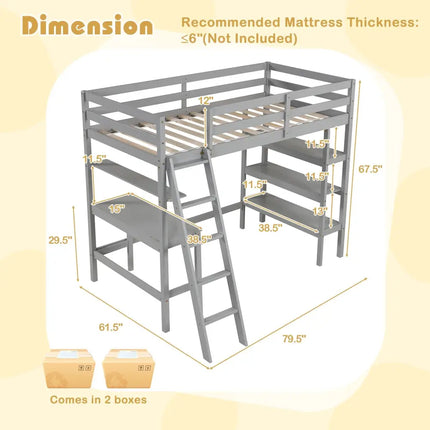 Twin Size Loft Bed with Desk and Bookshelves for Kids and Teens-Gray - Gray - Bunk Bed Frame