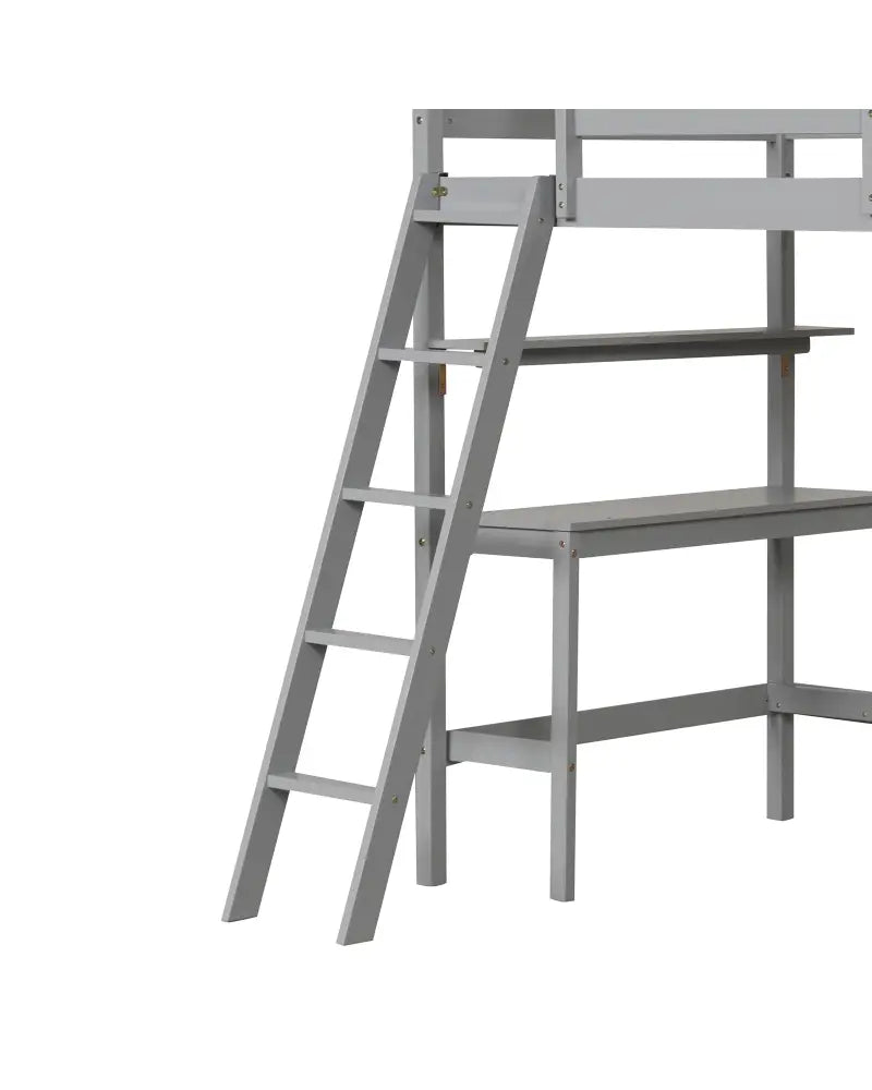 Twin Size Loft Bed with Desk and Bookshelves for Kids and Teens-Gray - Gray - Bunk Bed Frame