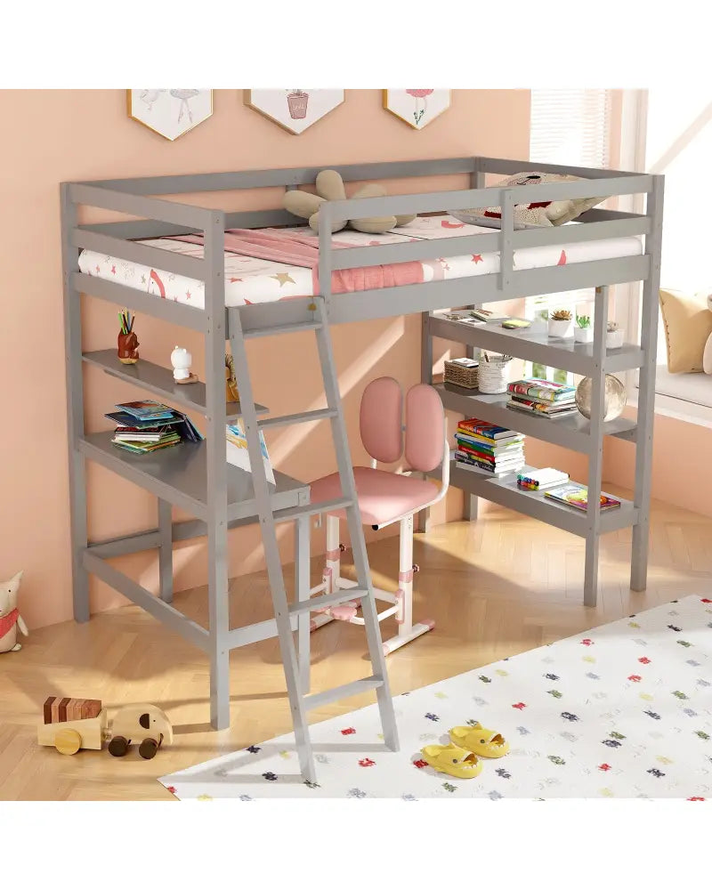 Twin Size Loft Bed with Desk and Bookshelves for Kids and Teens-Gray - Gray - Bunk Bed Frame