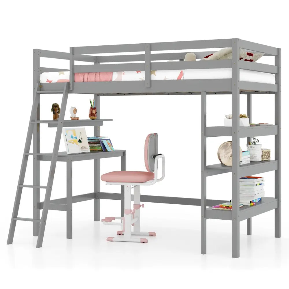 Twin Size Loft Bed with Desk and Bookshelves for Kids and Teens-Gray - Gray - Bunk Bed Frame